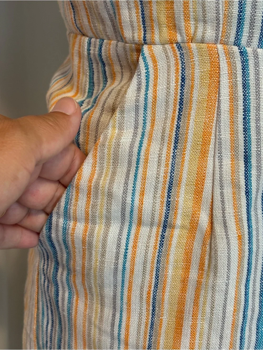 Reformation Island Linen Striped Shorts Romper in Marbella Orange & Blue